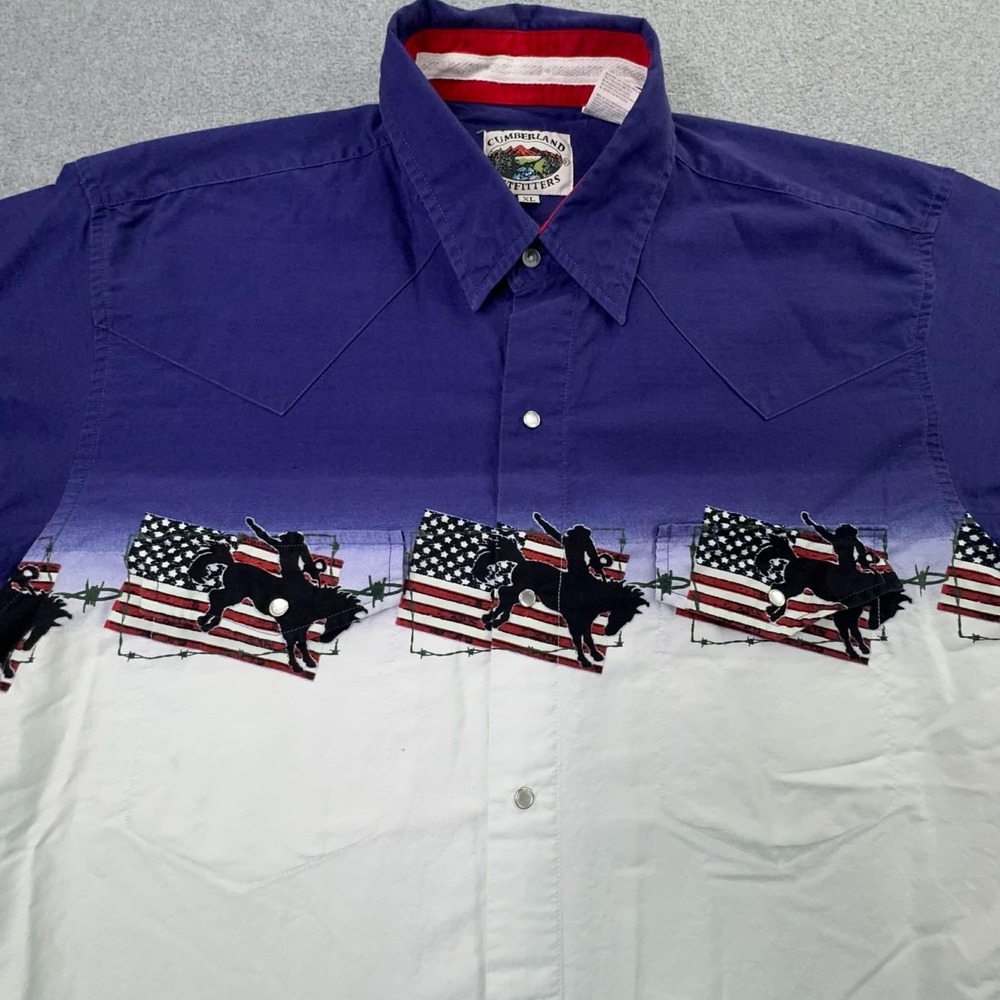 VTG Cumberland Outfitters Patriotic Western Snap Shirt XL USA Flag Cowboy‎ Rodeo